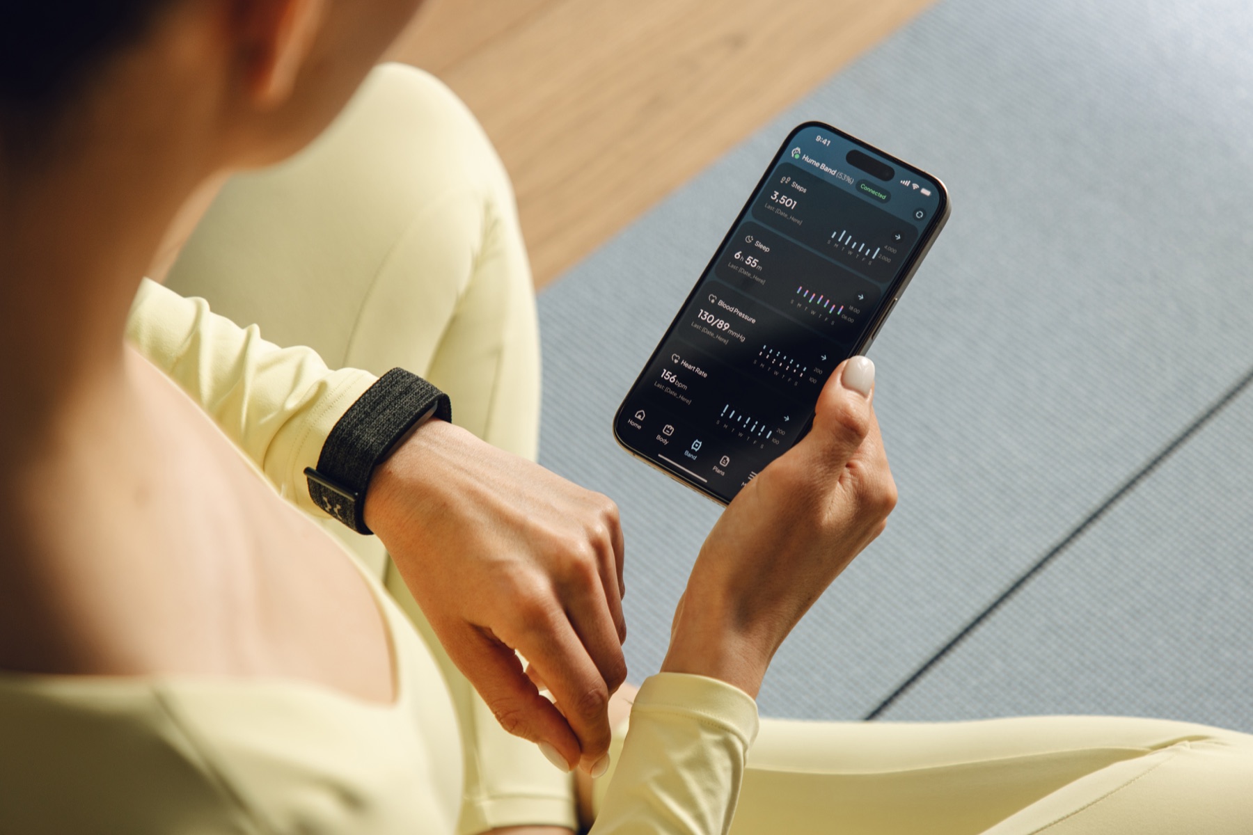 Checking the Hume app — Steps, Sleep, Blood-pressure and Heart-rate trends, Band on the wrist