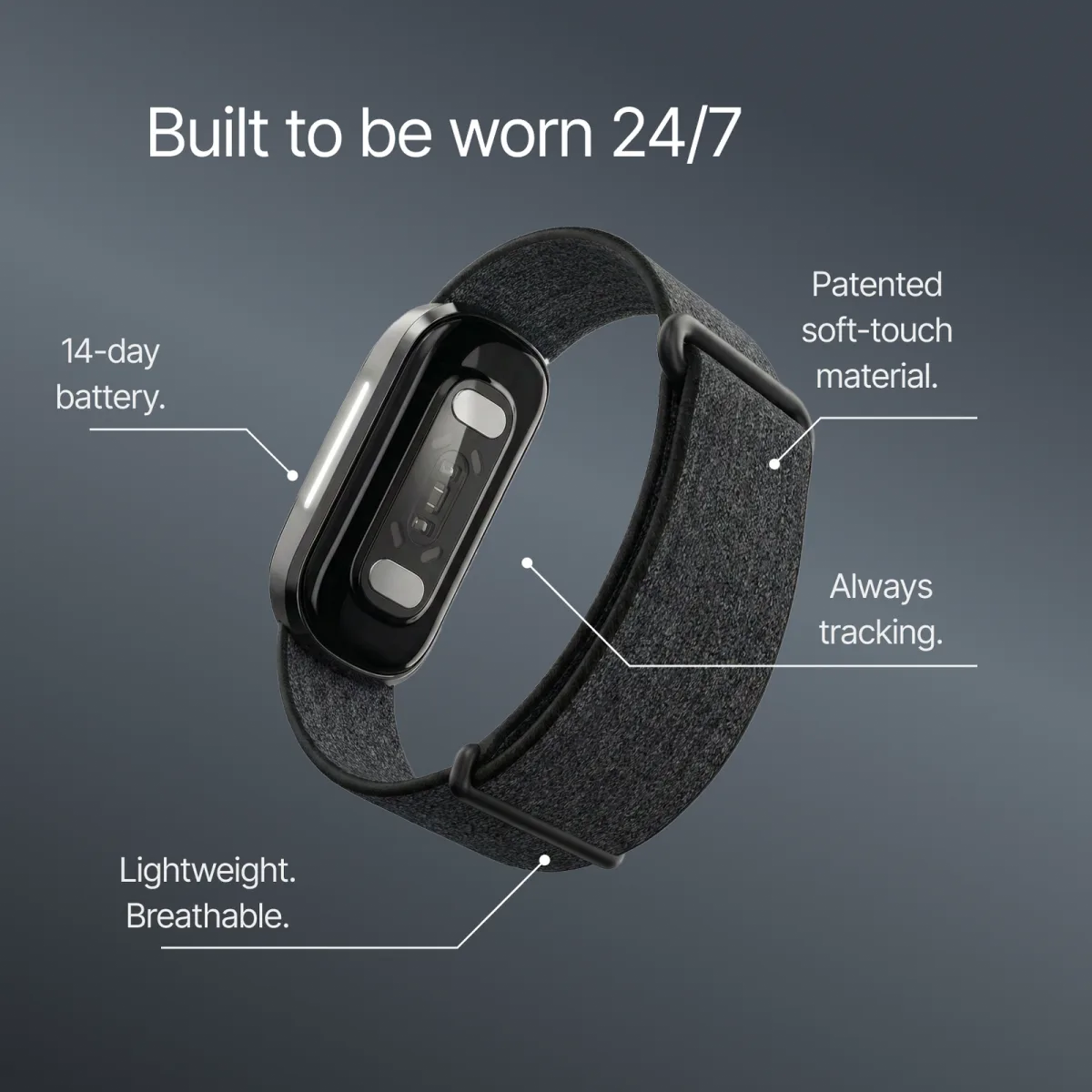 Built to be worn 24/7 — 14-day battery, patented soft-touch material, always tracking, lightweight and breathable