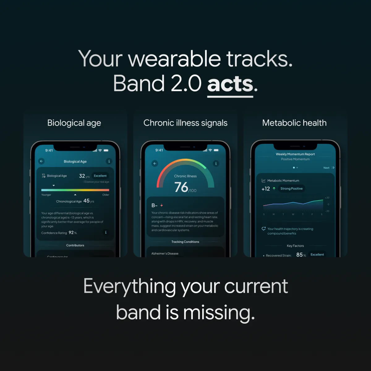 Your wearable tracks, Band 2.0 acts — biological age, chronic illness signals and metabolic health in the Hume app