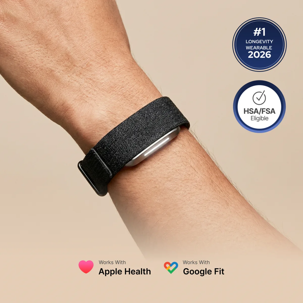 A person wearing the Hume Band 2.0 on their wrist, with #1 Longevity Wearable 2026 and HSA/FSA eligible badges, and Apple Health and Google Fit compatibility