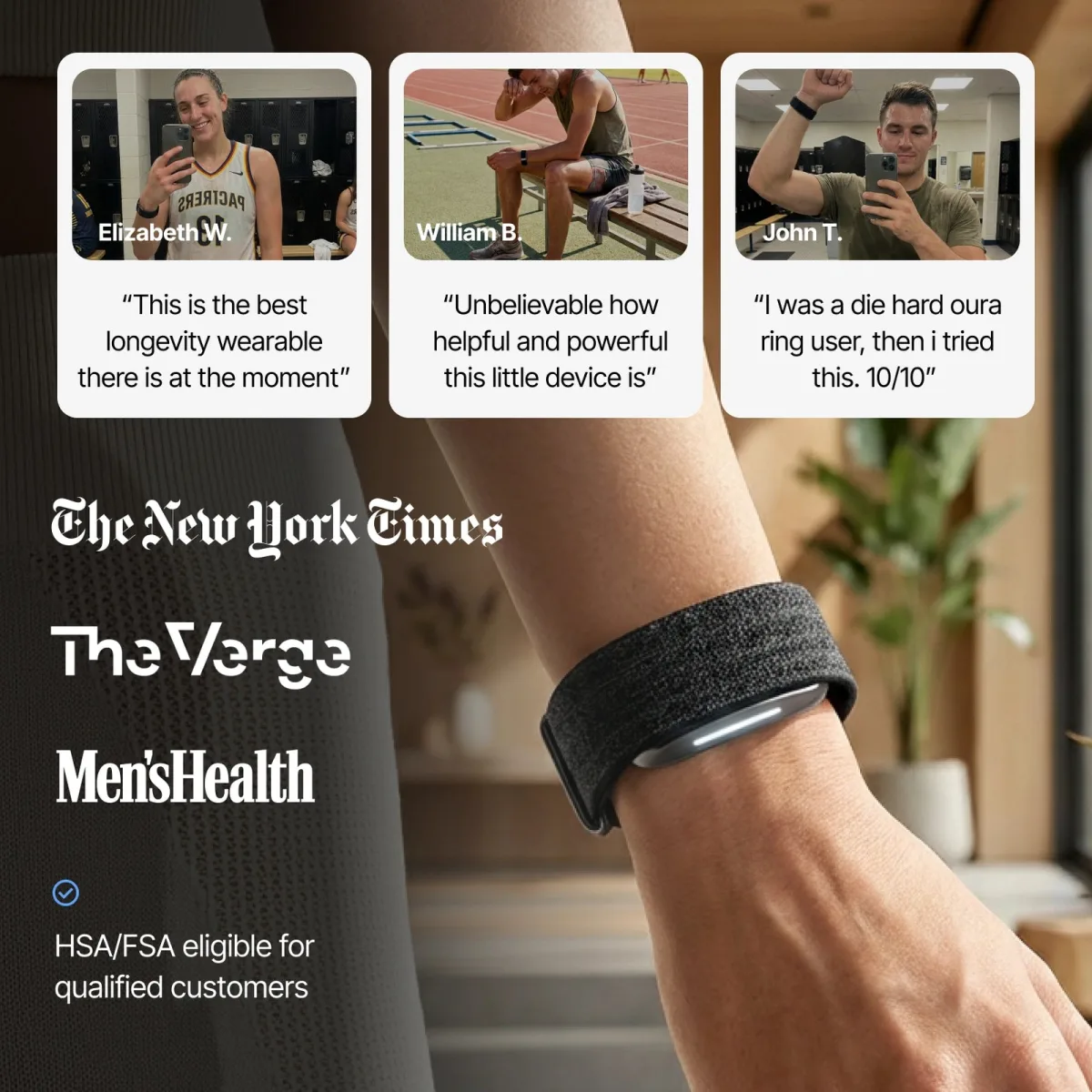 Customer quotes alongside The New York Times, The Verge and Men's Health, with HSA and FSA eligibility