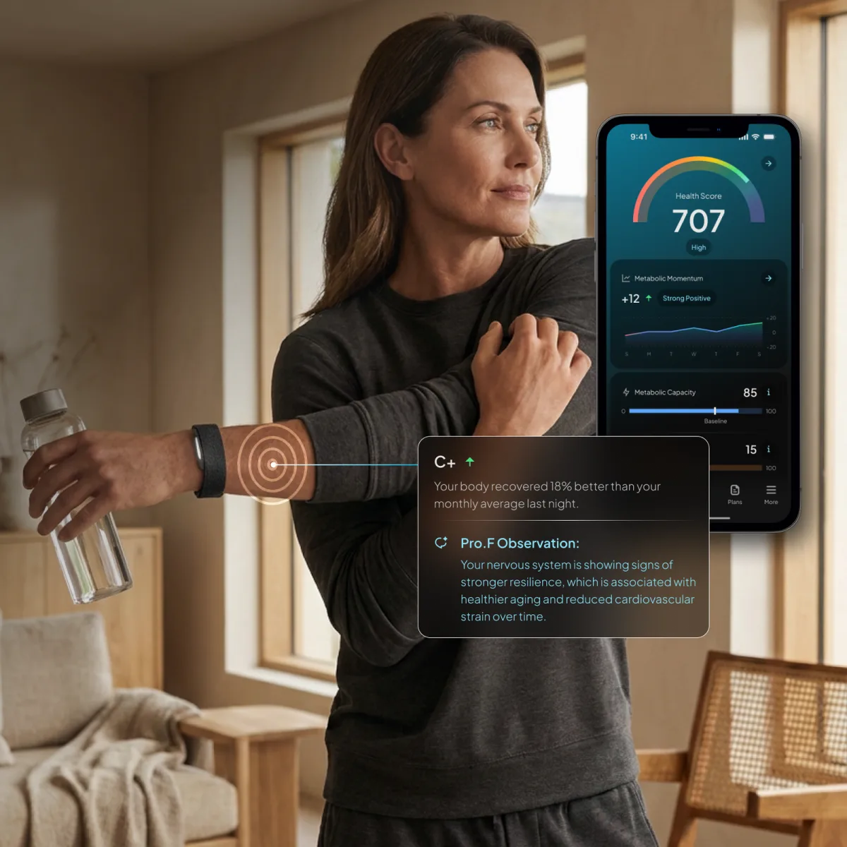 A woman stretching at home wearing the Hume Band, with her health score and recovery observation in the app