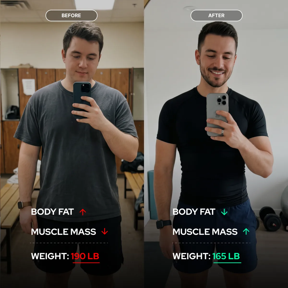 Before and after: body fat down, muscle mass up, weight from 150 lb to 165 lb
