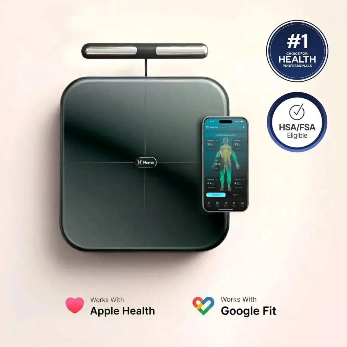 The Hume Pod smart scale with the Hume app, #1 Health Professional and HSA/FSA eligible badges, works with Apple Health and Google Fit