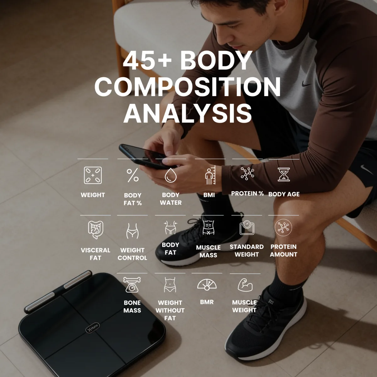 45+ body composition measurements including body fat, body water, BMI, protein, body age, visceral fat, muscle mass, bone mass and BMR