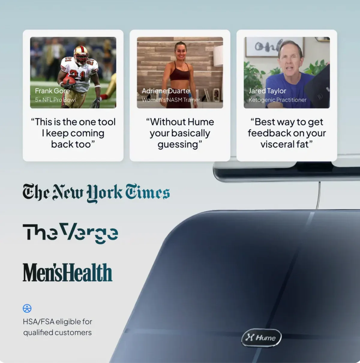 Owner quotes alongside The New York Times, The Verge and Men's Health, and HSA/FSA eligibility for qualified customers