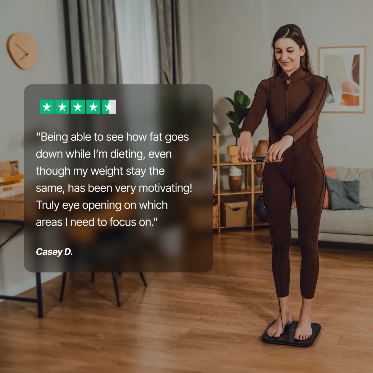 A five-star owner review from Casey D. about seeing fat go down while weight stayed the same